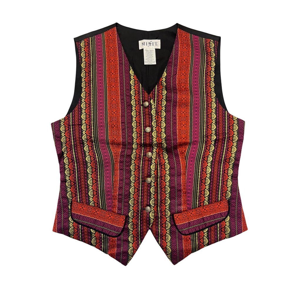 Vintage Mixit Red Purple Gold Tapestry Stripe Button Front Cinch Vest Size S